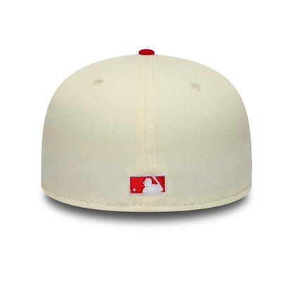 Pictured is this MLB Chrome Scarlet Chicago White Sox 59FIFTY Fitted cap in cream,. 6