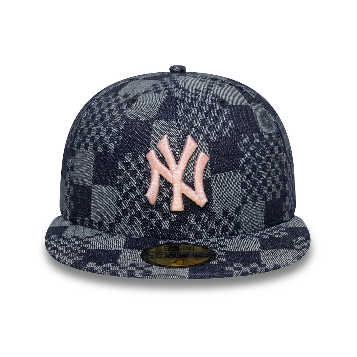New York Yankees MLB Denim Blue New Era 59FIFTY Fitted Cap, front view showing the pink raised embroidered NY logo on the checkered denim-style front panel, with a flat visor and a gold 59FIFTY size sticker on the visor.