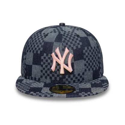 New York Yankees MLB Denim Blue New Era 59FIFTY Fitted Cap, front view showing the pink raised embroidered NY logo on the checkered denim-style front panel, with a flat visor and a gold 59FIFTY size sticker on the visor.