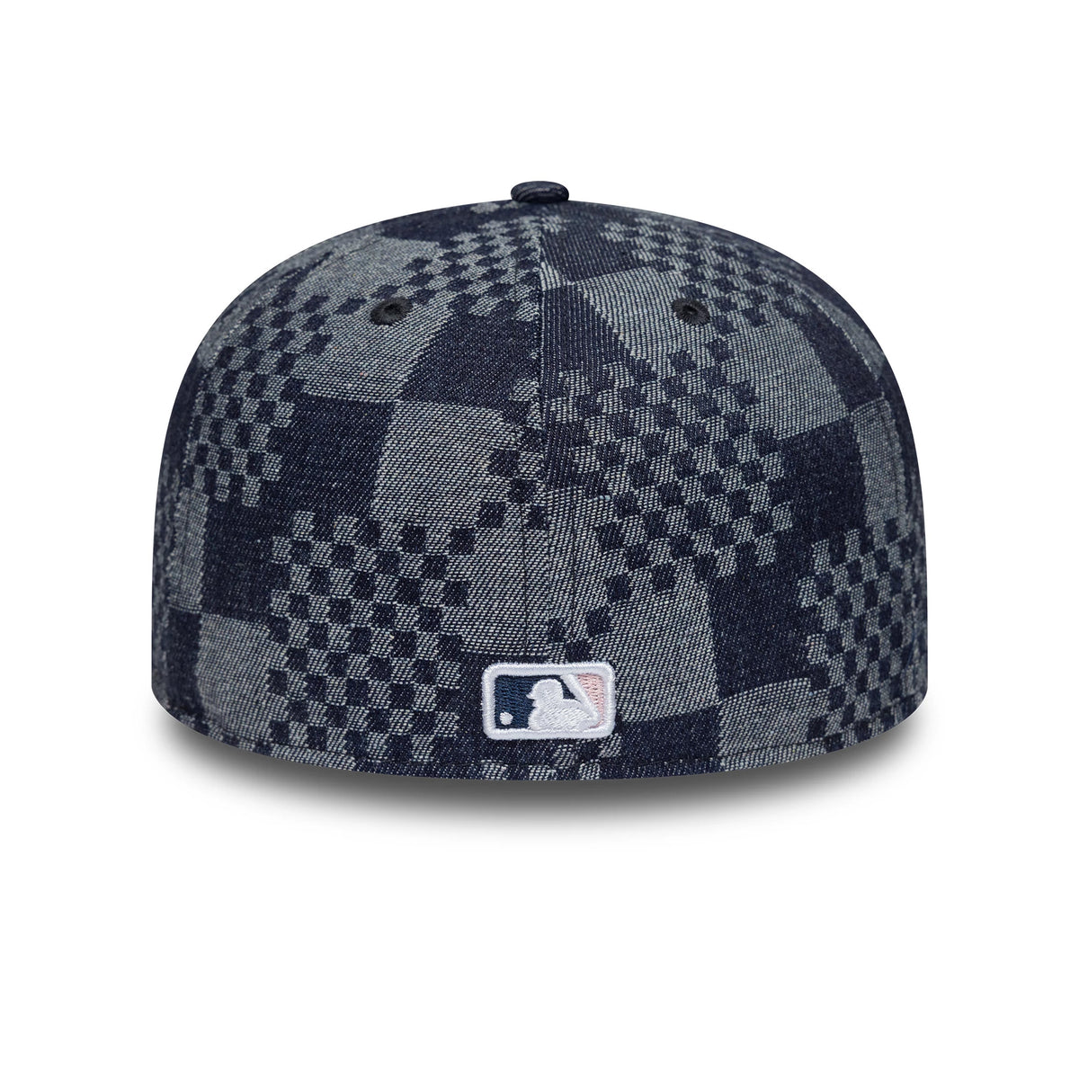 New York Yankees MLB Denim Blue New Era 59FIFTY Fitted Cap, rear view showing the embroidered MLB Batterman logo at the centre back, with a unique checkerboard denim pattern on the structured crown and dark blue eyelets.