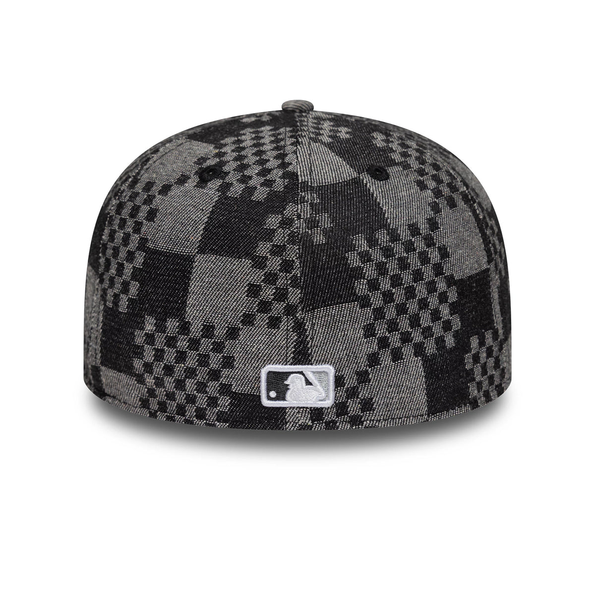 LA Dodgers MLB Denim Black New Era 59FIFTY Fitted Cap, rear view showing an intricate black and grey checkered pattern across the crown, with the white embroidered MLB Batterman logo centred at the bottom of the back panels.