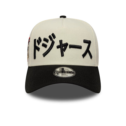 Pictured is this Youth MLB Kanji LA Dodgers 9FORTY A-Frame cap in white and black. 2