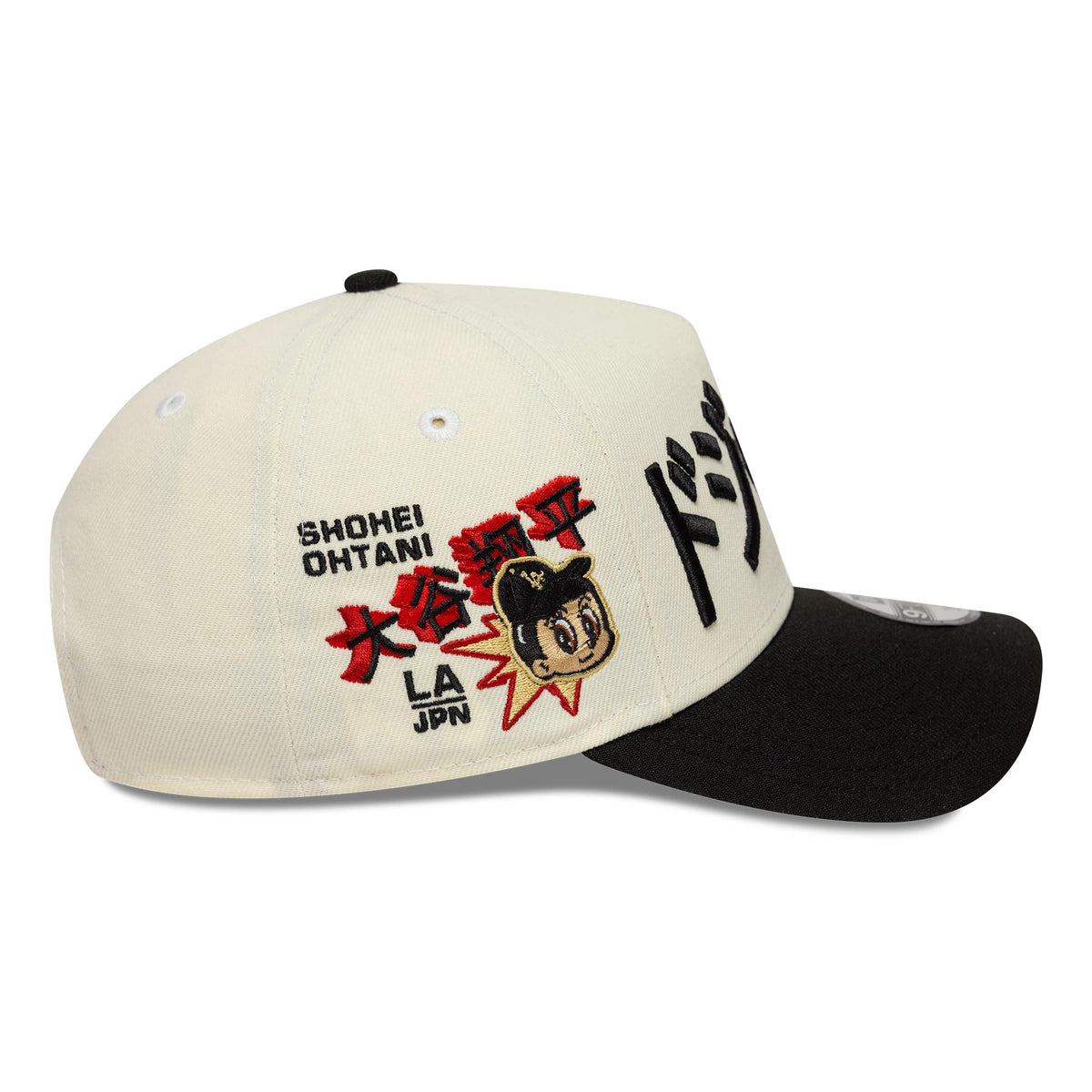 Pictured is this Youth MLB Kanji LA Dodgers 9FORTY A-Frame cap in white and black. 4