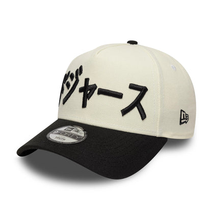 Pictured is this Youth MLB Kanji LA Dodgers 9FORTY A-Frame cap in white and black. 3