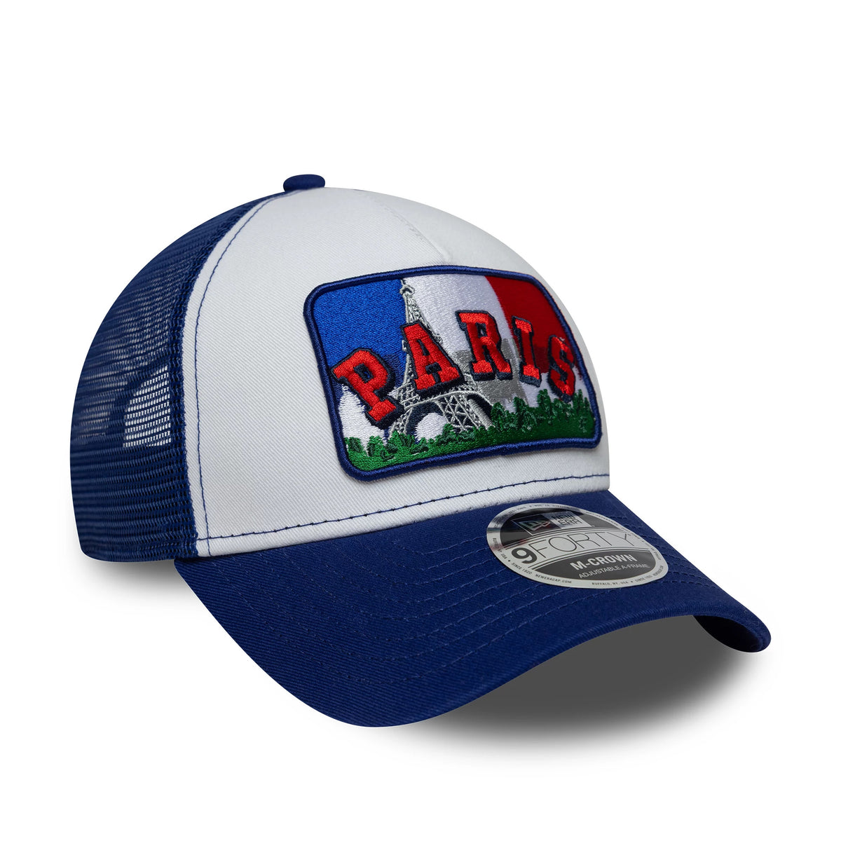 Pictured is this New Era Paris 9FORTY M-Crown A-Frame Trucker cap in white & blue. 3