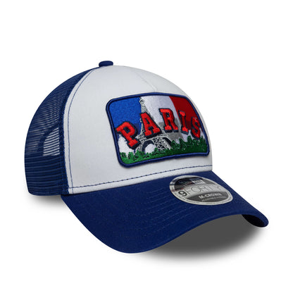 Pictured is this New Era Paris 9FORTY M-Crown A-Frame Trucker cap in white & blue. 3
