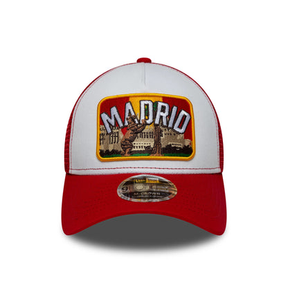 Pictured is this New Era Madrid 9FORTY M-Crown A-Frame Trucker cap in white & dark red. 2