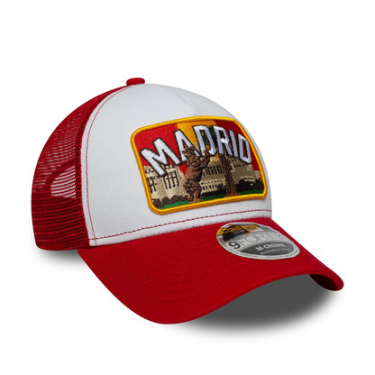 Pictured is this New Era Madrid 9FORTY M-Crown A-Frame Trucker cap in white & dark red. 3
