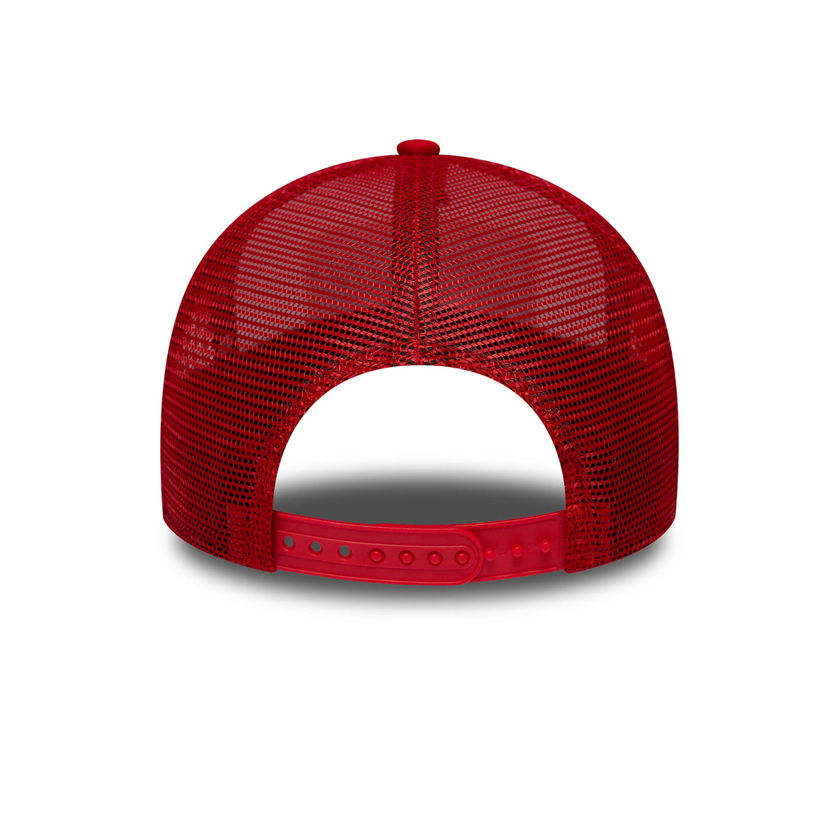 Pictured is this New Era Madrid 9FORTY M-Crown A-Frame Trucker cap in white & dark red. 6