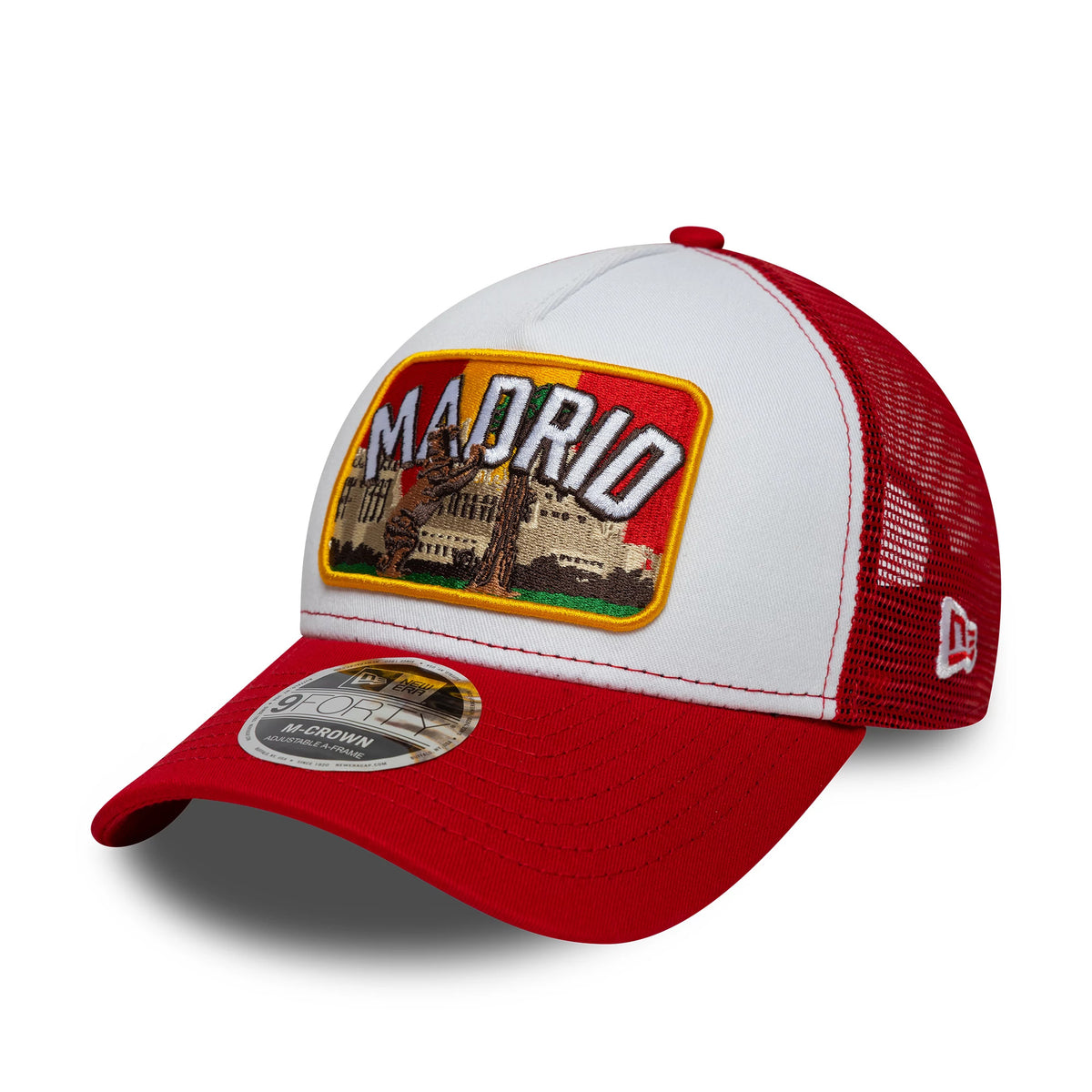 Pictured is this New Era Madrid 9FORTY M-Crown A-Frame Trucker cap in white & dark red. 1