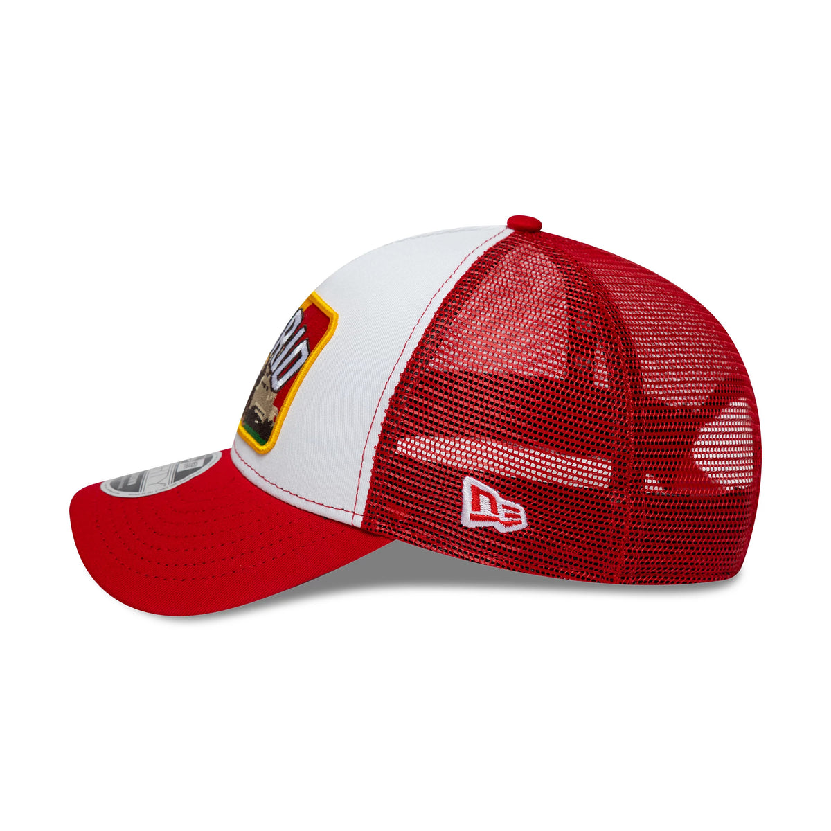 Pictured is this New Era Madrid 9FORTY M-Crown A-Frame Trucker cap in white & dark red. 4