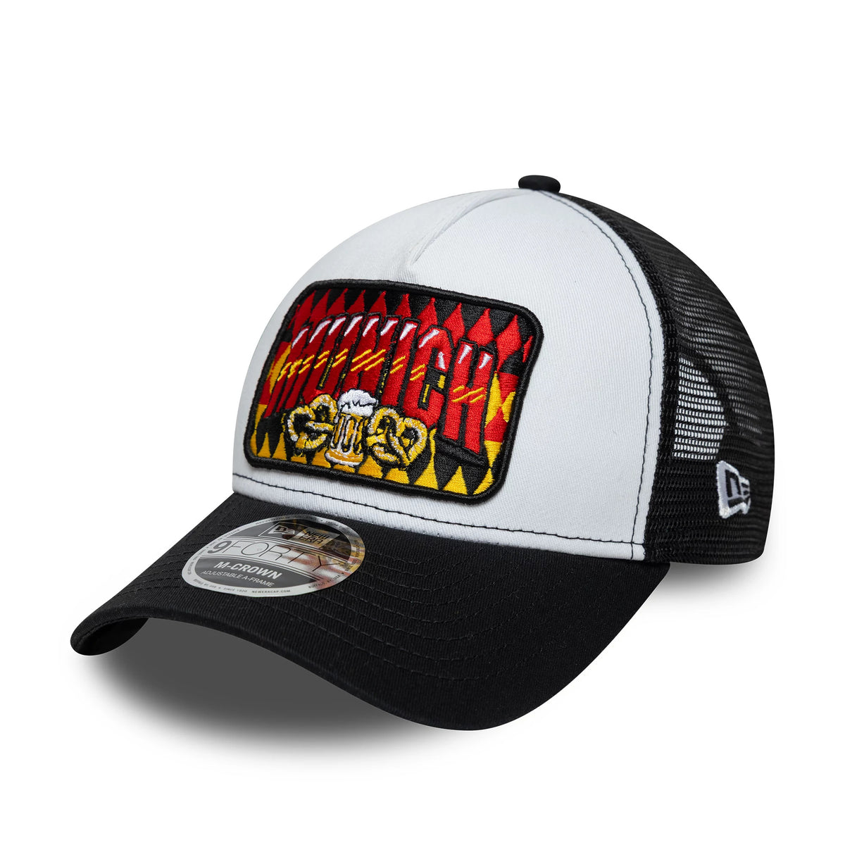 Pictured is this New Era Munich 9FORTY M-Crown A-Frame Trucker cap in white & black. 1