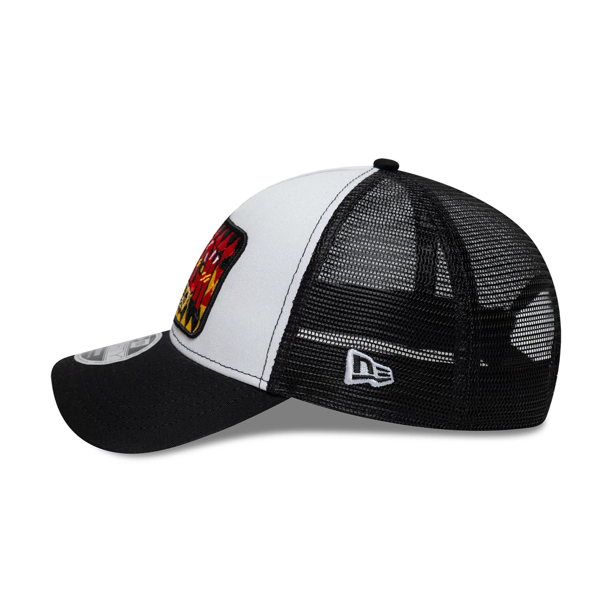 Pictured is this New Era Munich 9FORTY M-Crown A-Frame Trucker cap in white & black. 4