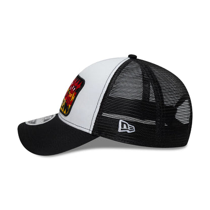 Pictured is this New Era Munich 9FORTY M-Crown A-Frame Trucker cap in white & black. 4