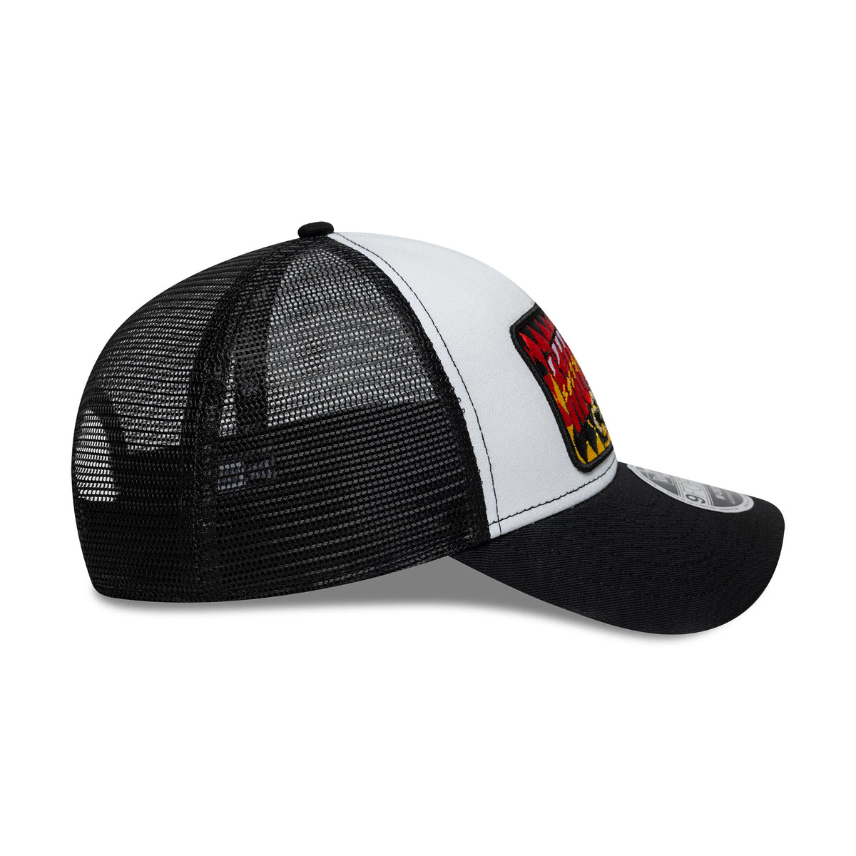 Pictured is this New Era Munich 9FORTY M-Crown A-Frame Trucker cap in white & black. 5