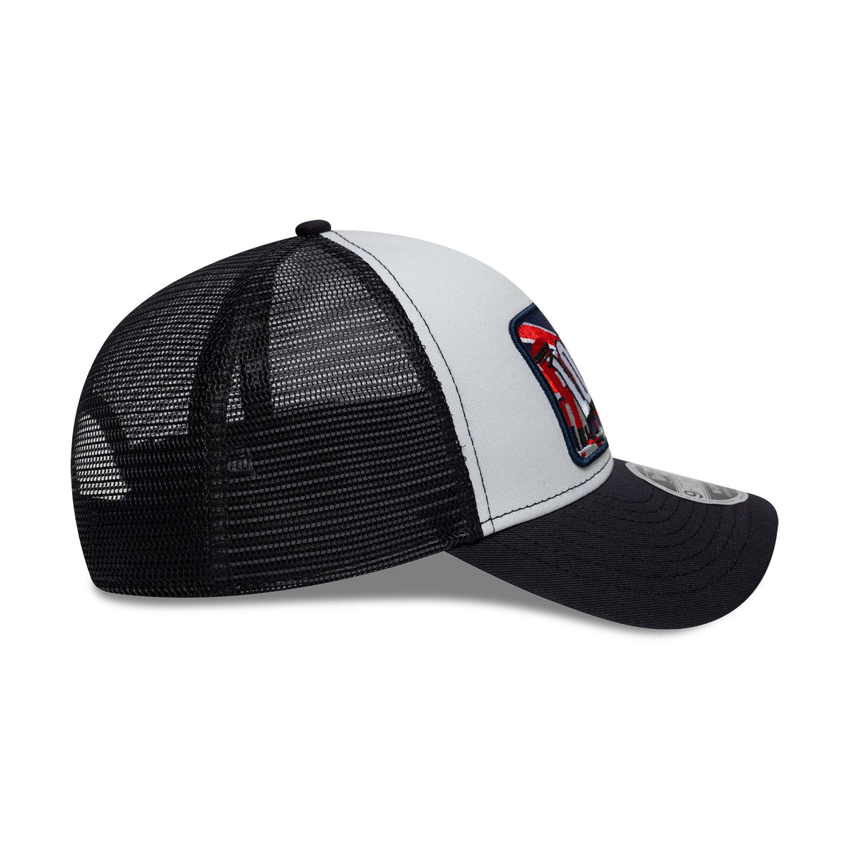Pictured is this New Era London 9FORTY M-Crown A-Frame Trucker cap in white & navy. 5