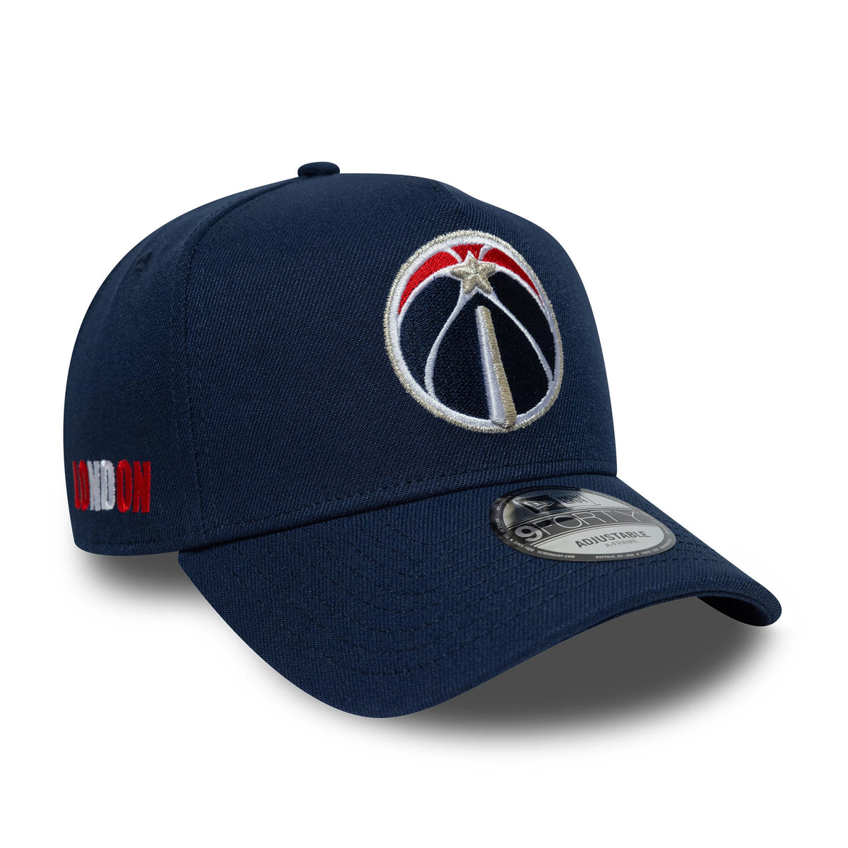 Pictured is this NBA Global Games 2026 London Washington Wizards 9FORTY A-Frame cap in dark blue. 1