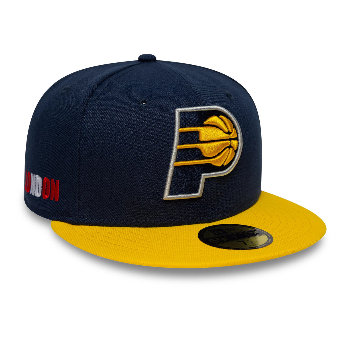 Pictured is this NBA Global Games 2026 London Indiana Pacers 59FIFTY Fitted cap in dark blue and yellow. 1