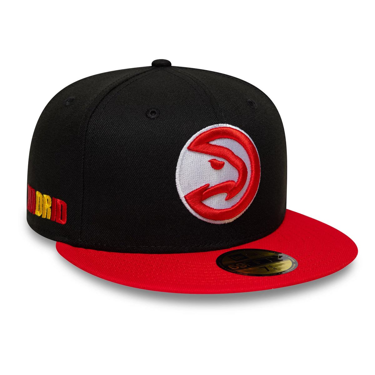 Pictured is this NBA Global Games 2026 Madrid Atlanta Hawks 59FIFTY Fitted cap in black and red. 1