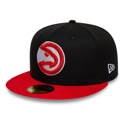 Pictured is this NBA Global Games 2026 Madrid Atlanta Hawks 59FIFTY Fitted cap in black and red. 3