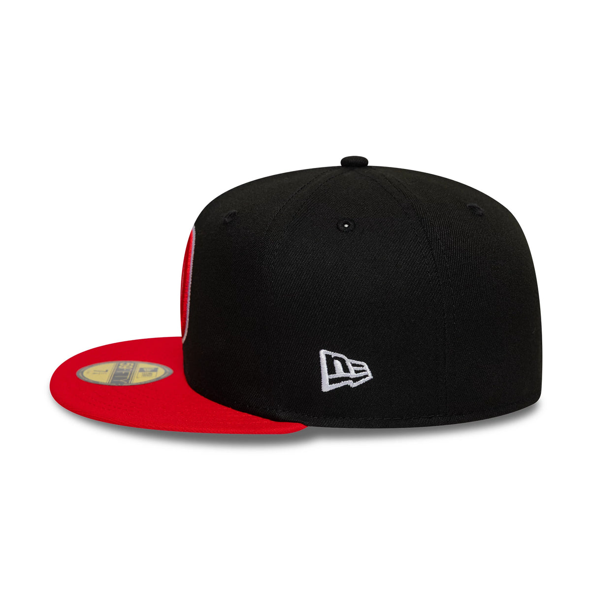 Pictured is this NBA Global Games 2026 Madrid Atlanta Hawks 59FIFTY Fitted cap in black and red. 5