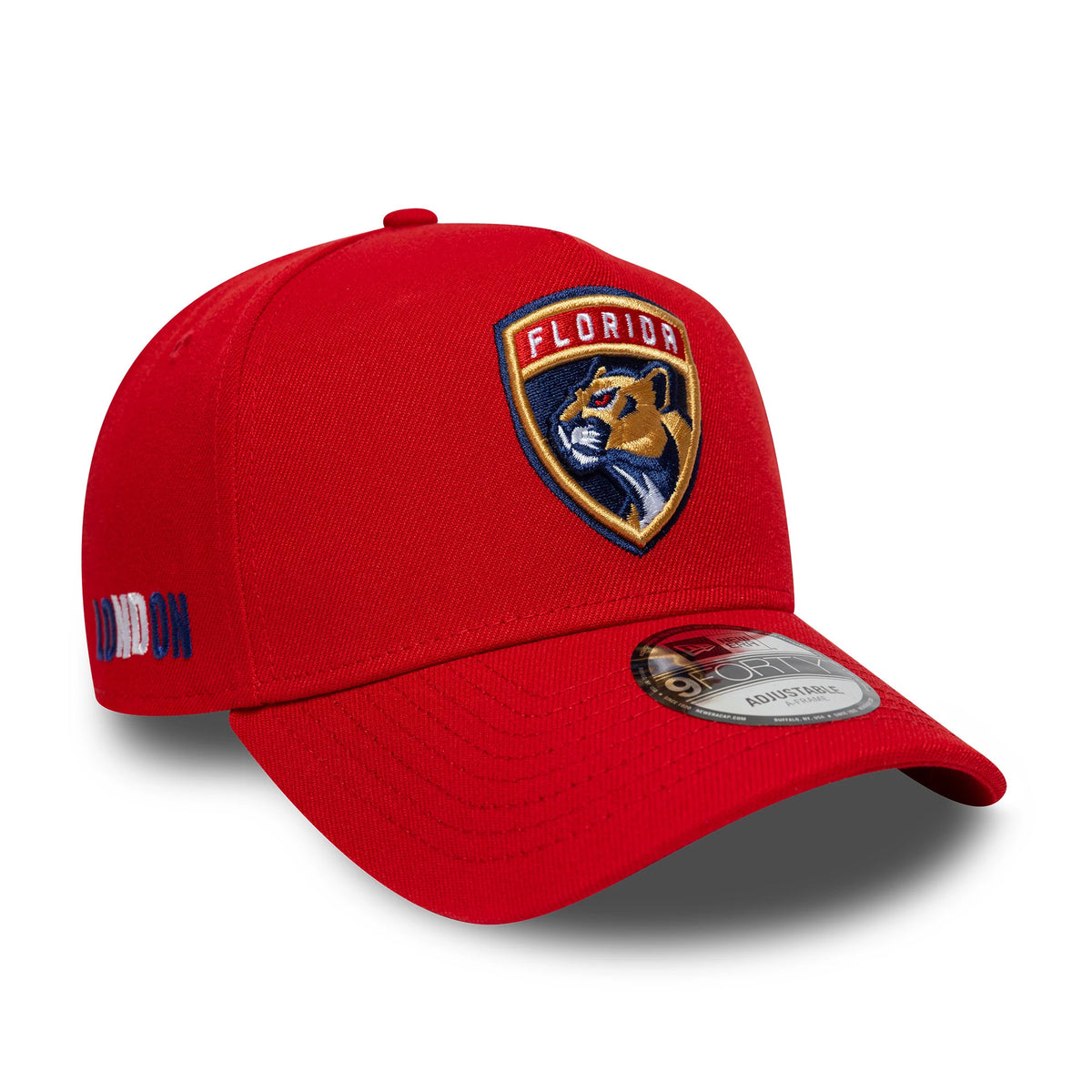 Pictured is this NHL London Game 2026 Florida Panthers 9FORTY A-Frame cap in red. 1