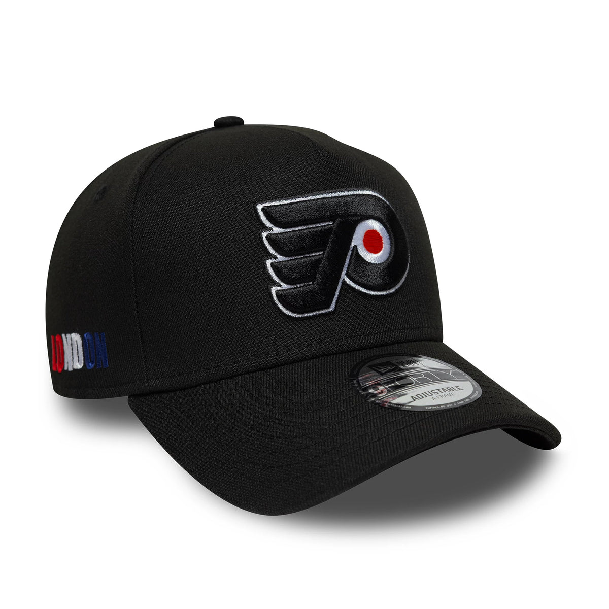 Pictured is this NHL London Game 2026 Philadelphia Flyers 9FORTY A-Frame cap in black. 3