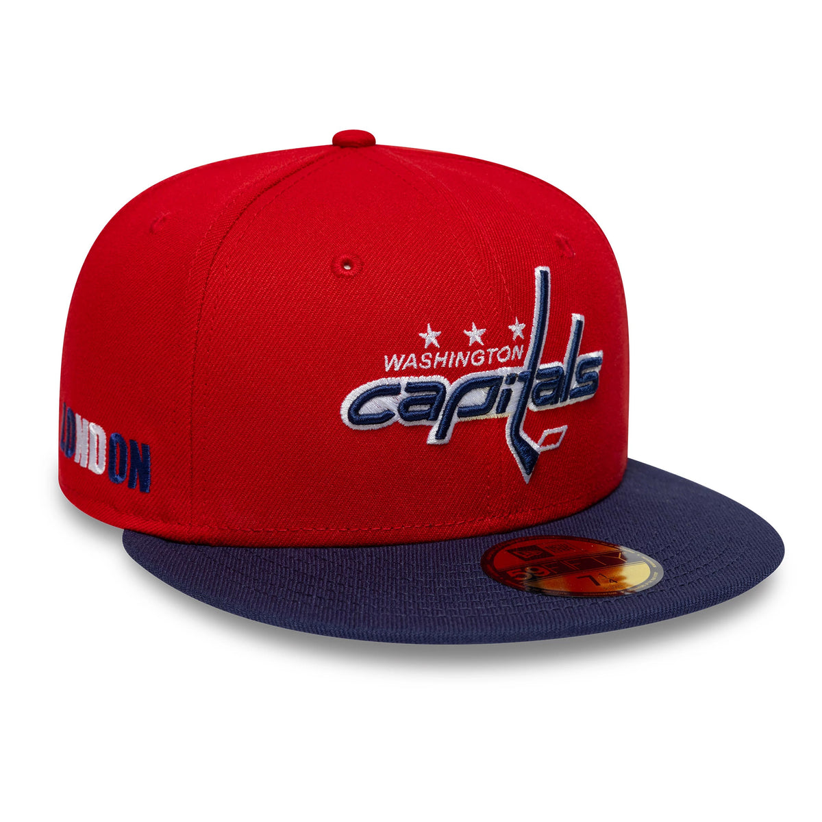 Pictured is this NHL London Game 2026 Washington Capitals 59FIFTY Fitted cap in red and navy. 1