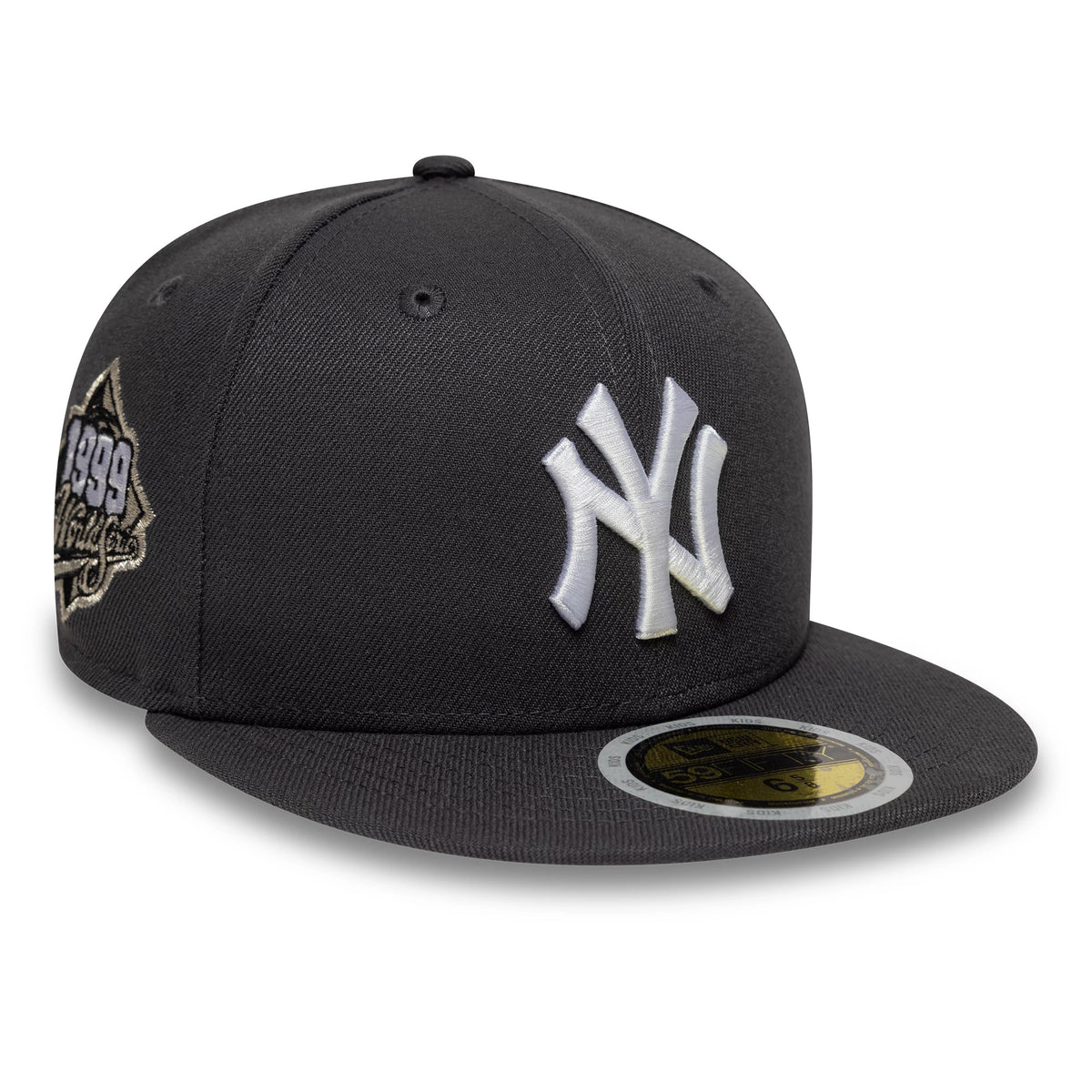 Pictured is this Youth MLB New York Yankees 59FIFTY Fitted cap in dark grey. 1