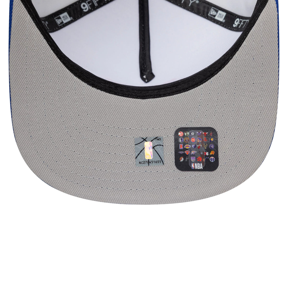 Pictured is this NBA Champs 2025 - 2026 New York Knicks 9FIFTY A-Frame Snapback cap in white and blue. 2