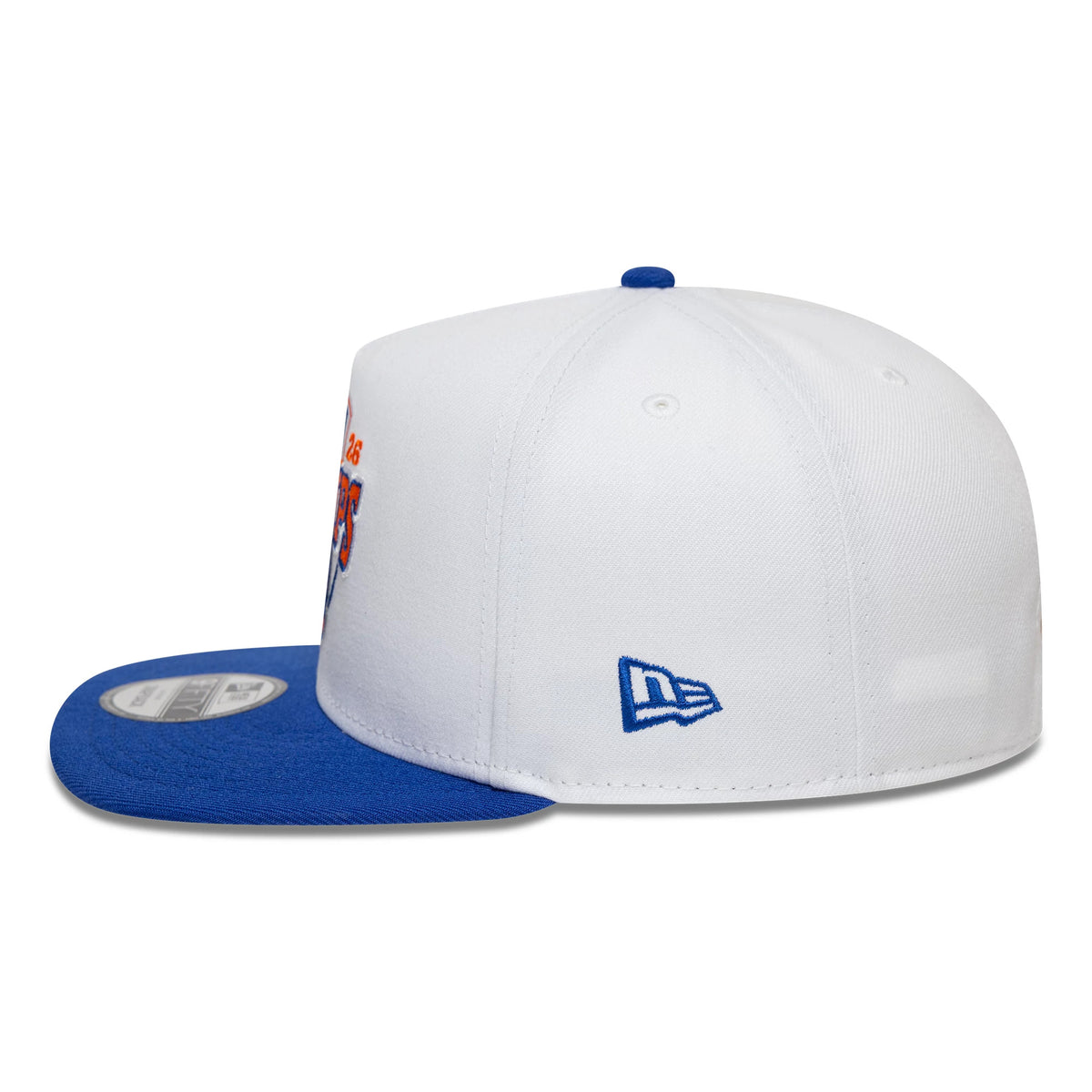 Pictured is this NBA Champs 2025 - 2026 New York Knicks 9FIFTY A-Frame Snapback cap in white and blue. 6