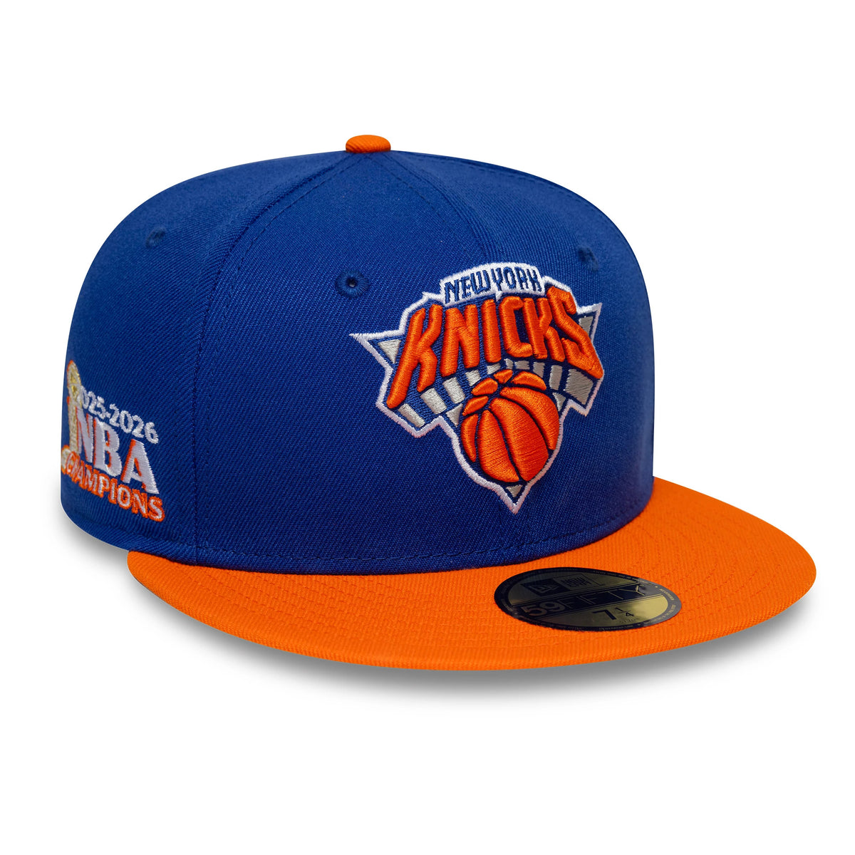 Pictured is this NBA Champs 2025 - 2026 New York Knicks 59FIFTY Fitted cap in blue and orange. 1