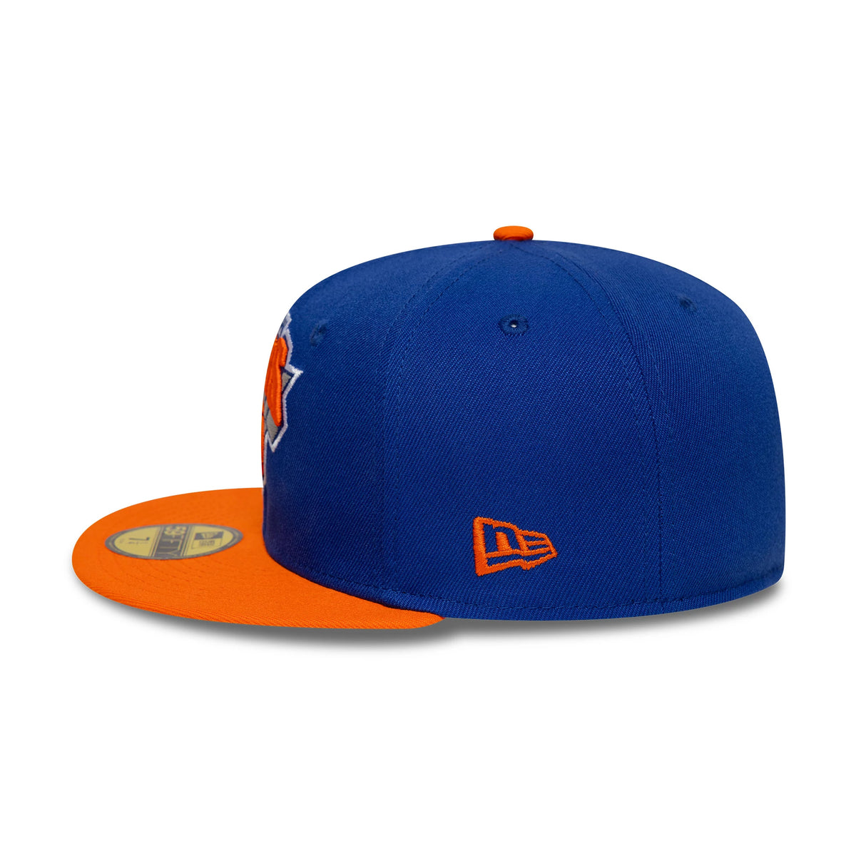 Pictured is this NBA Champs 2025 - 2026 New York Knicks 59FIFTY Fitted cap in blue and orange. 7