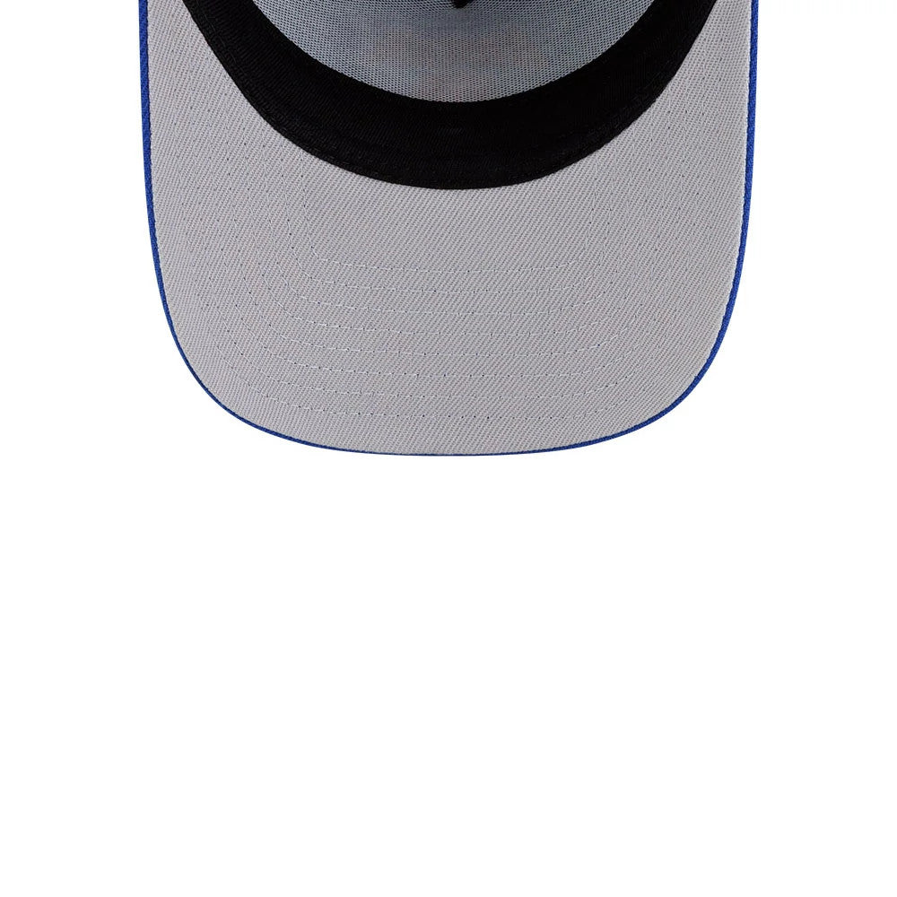 New York Knicks NBA Champs 2025 - 2026 Blue New Era 9FORTY A-Frame Adjustable Cap, inside view showing a grey undervisor with black edge taping, matching black sweatband and distinct blue stitching along the edge of the visor.