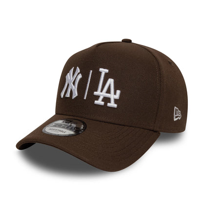Pictured is this MLB Duelling Logos Yankees VS Dodgers 9FORTY A-Frame cap in dark brown. 1