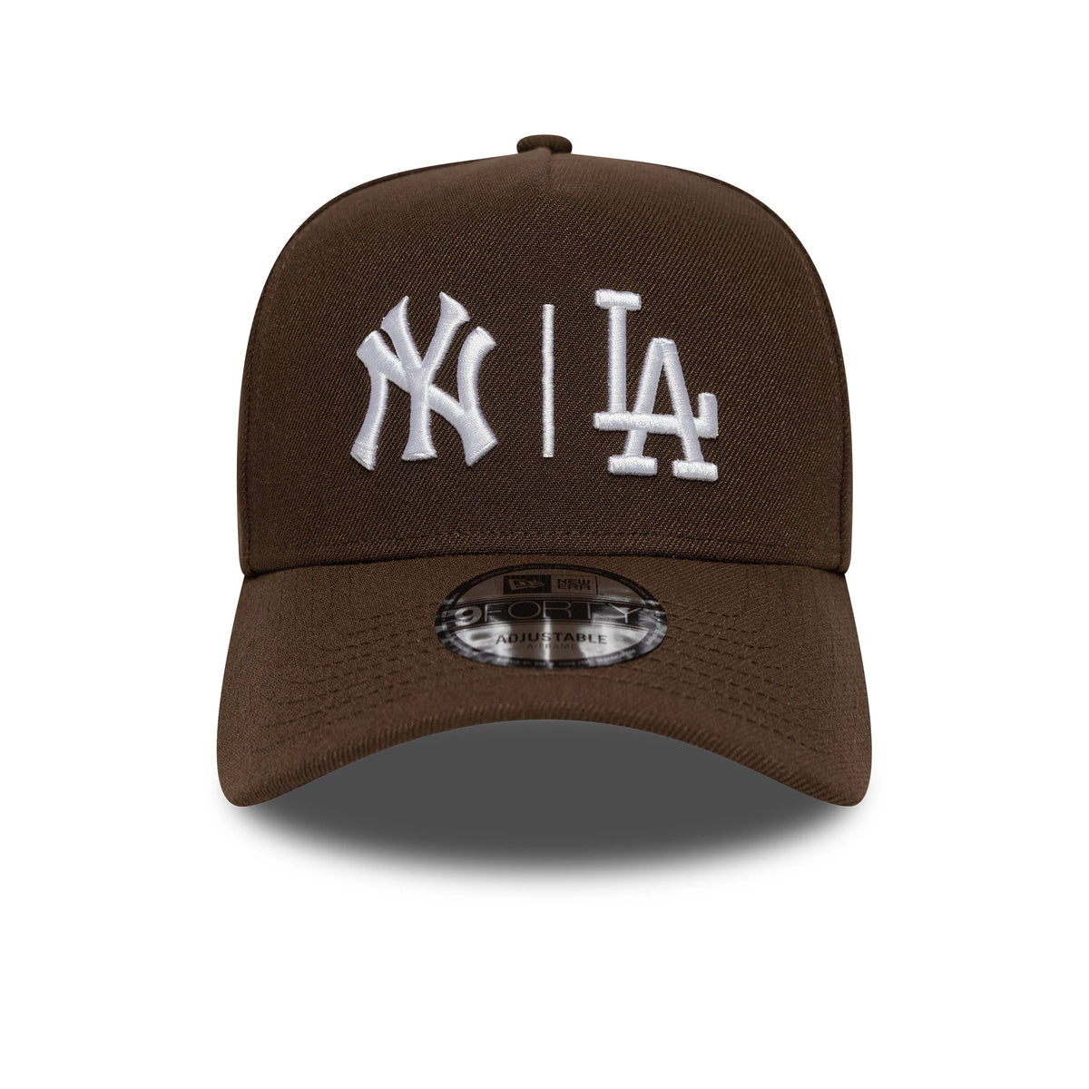 Pictured is this MLB Duelling Logos Yankees VS Dodgers 9FORTY A-Frame cap in dark brown. 2