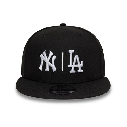 Pictured is this MLB Duelling Logos Yankees VS Dodgers 9FIFTY Snapback cap in black. 2