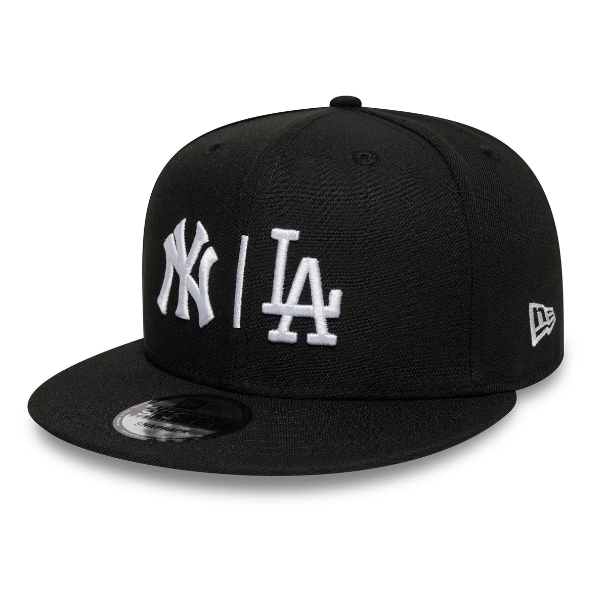 Pictured is this MLB Duelling Logos Yankees VS Dodgers 9FIFTY Snapback cap in black. 1