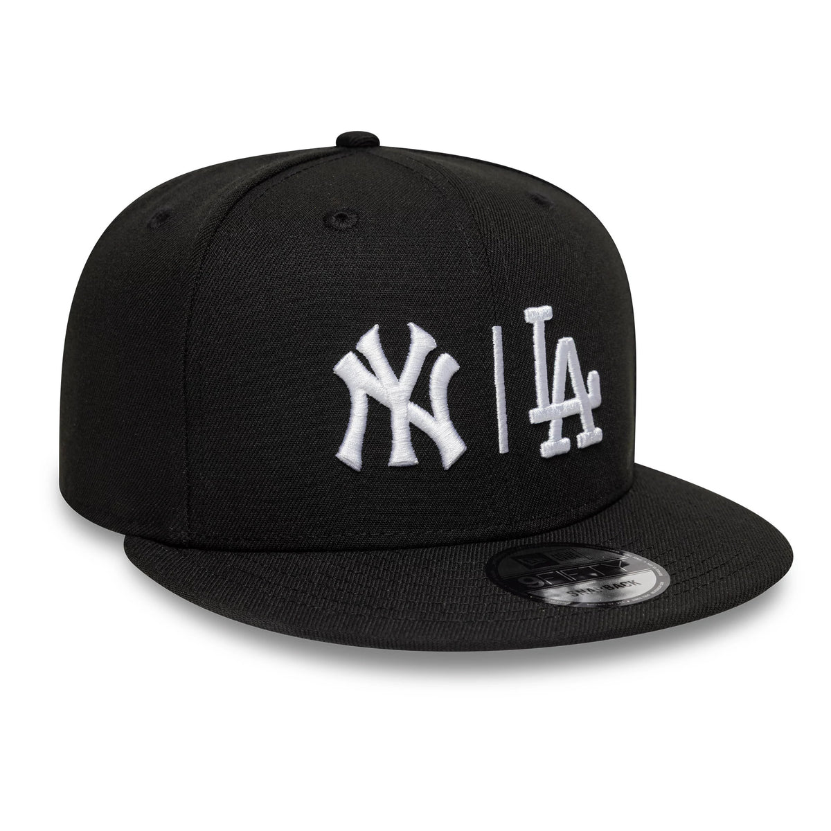 Pictured is this MLB Duelling Logos Yankees VS Dodgers 9FIFTY Snapback cap in black. 3