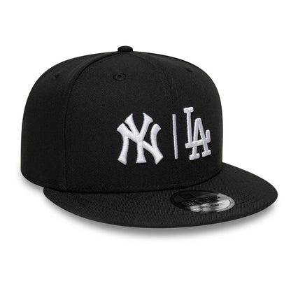 Pictured is this MLB Duelling Logos Yankees VS Dodgers 9FIFTY Snapback cap in black. 3