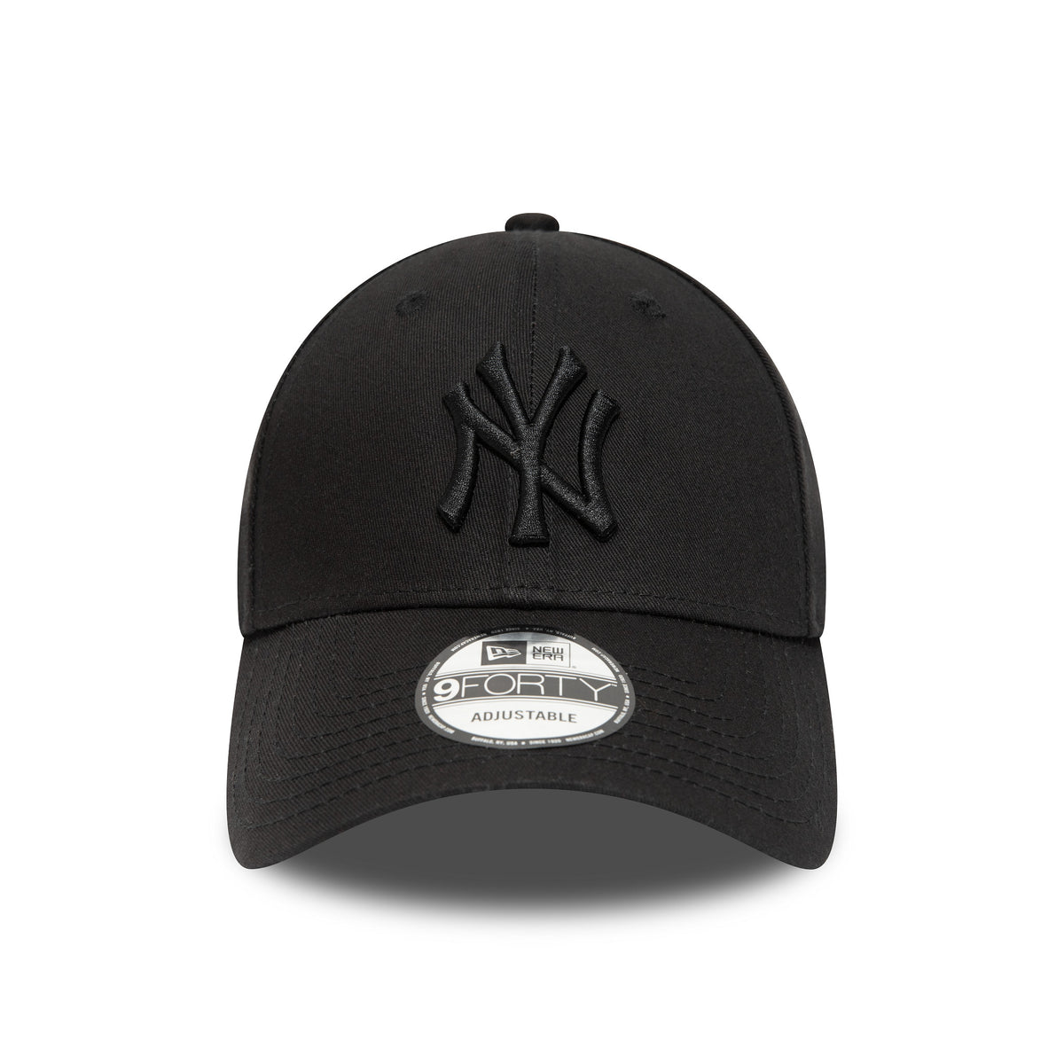 New York Yankees Essential Black on Black New Era 9FORTY Cap, front view showing a black on black raised embroidered NY logo on the front panel, curved black visor with a 9FORTY size sticker, and a black top button.