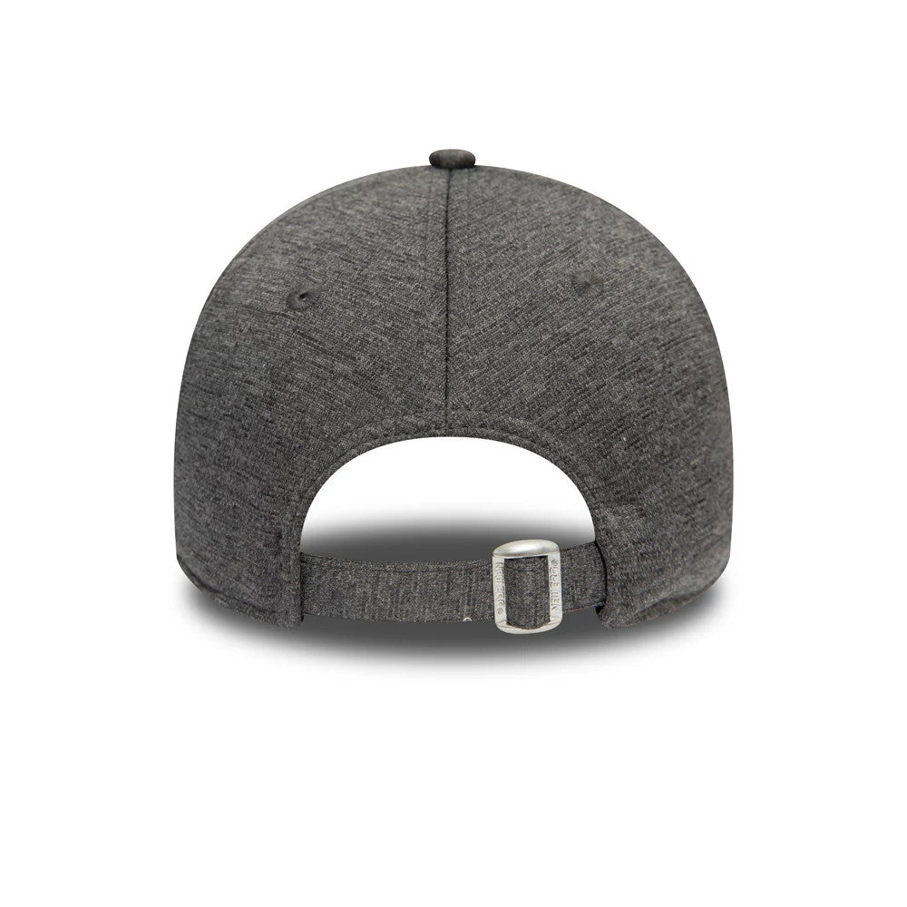New York Yankees Womens Tech Grey New Era 9FORTY Cap, rear view showing the grey fabric strap with a silver buckle, two embroidered eyelets on the back panels, and a top button on the structured grey crown.