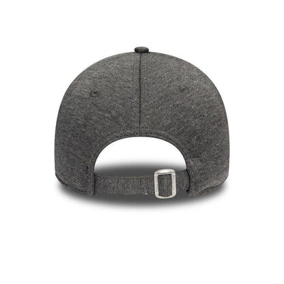 New York Yankees Womens Tech Grey New Era 9FORTY Cap, rear view showing the grey fabric strap with a silver buckle, two embroidered eyelets on the back panels, and a top button on the structured grey crown.