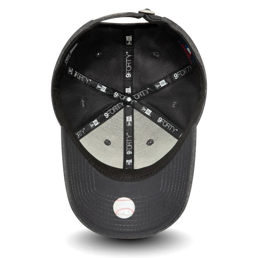 New York Yankees Womens Tech Grey New Era 9FORTY Cap, inside view showing the grey undervisor with a baseball graphic, black taping with repeated 9FORTY branding, and black sweatband securing the structured interior of the cap.
