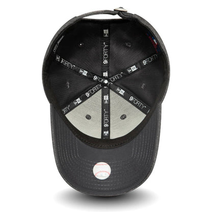 New York Yankees Womens Tech Grey New Era 9FORTY Cap, inside view showing the grey undervisor with a baseball graphic, black taping with repeated 9FORTY branding, and black sweatband securing the structured interior of the cap.