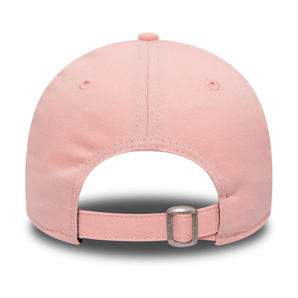 New York Yankees Essential Womens Pink New Era 9FORTY Cap, rear view showing the adjustable strap with a buckle, the unstructured pink crown with embroidered eyelets, and the top button matching the overall cap colour.