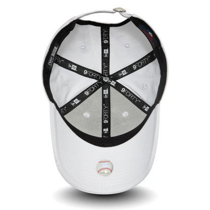 New York Yankees Essential Womens White New Era 9FORTY Cap, inside view showing black branded taping with white 9FORTY lettering, a grey undervisor, and an adjustable strap at the back, set against the white structured crown.