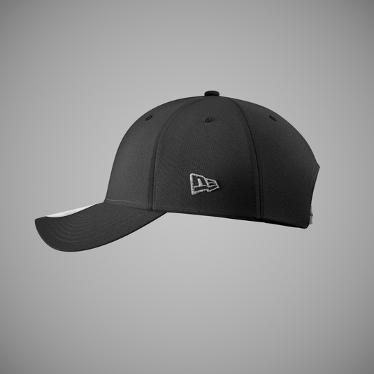 Side profile of a black 9FORTY cap with New Era Flag on the side on a gray background