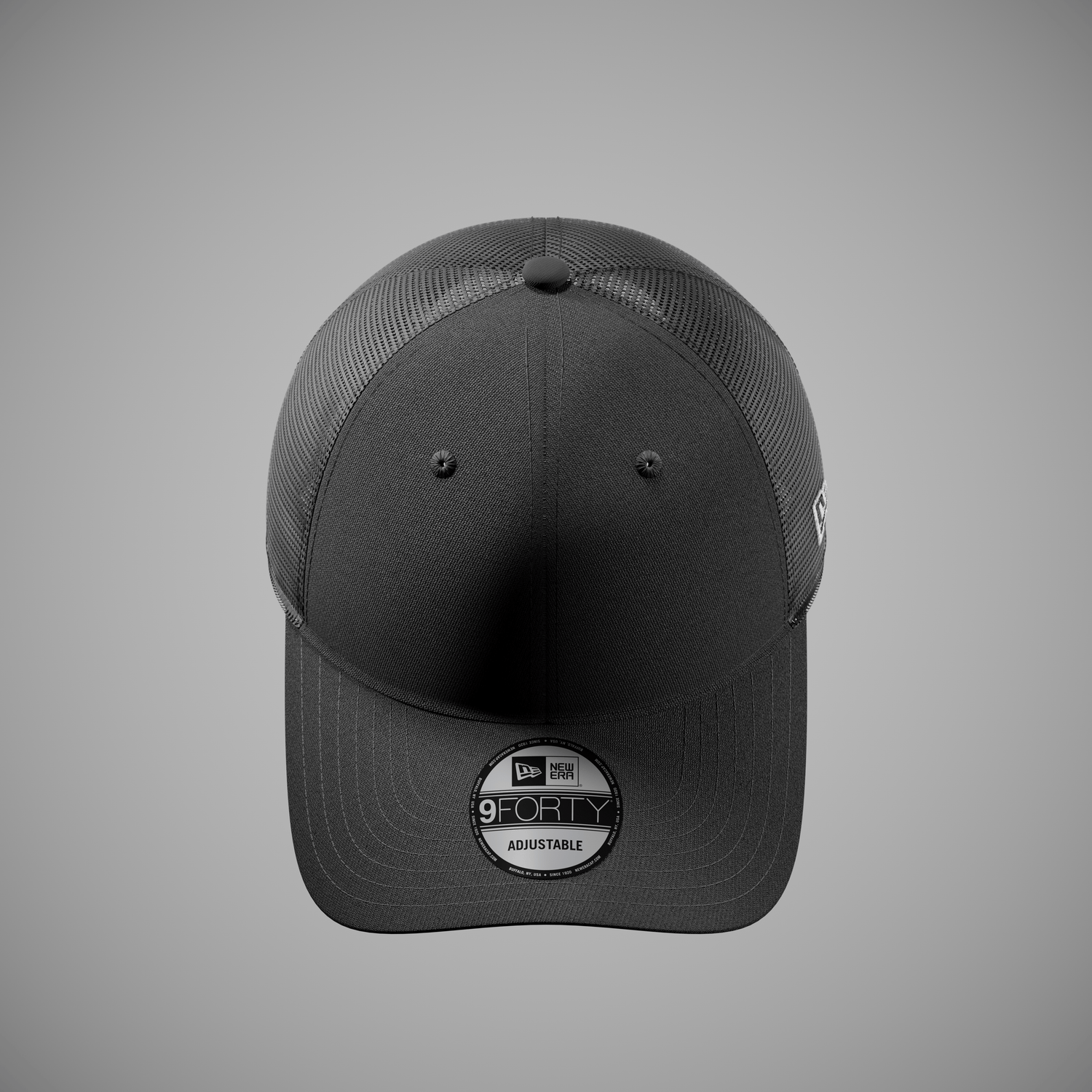 Black cap with New Era logo on a gray background
