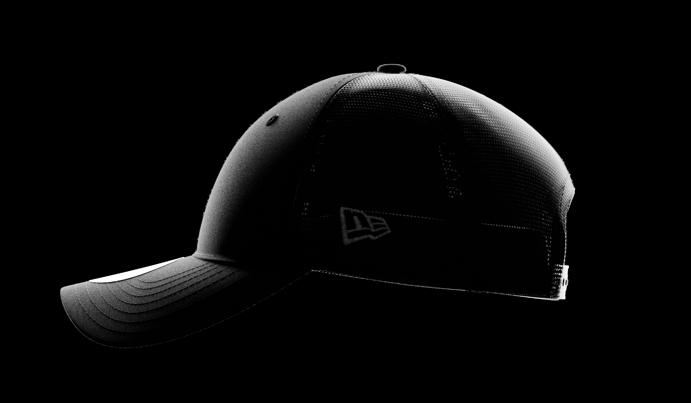 black new era 9forty trucker cap on a black backgroud